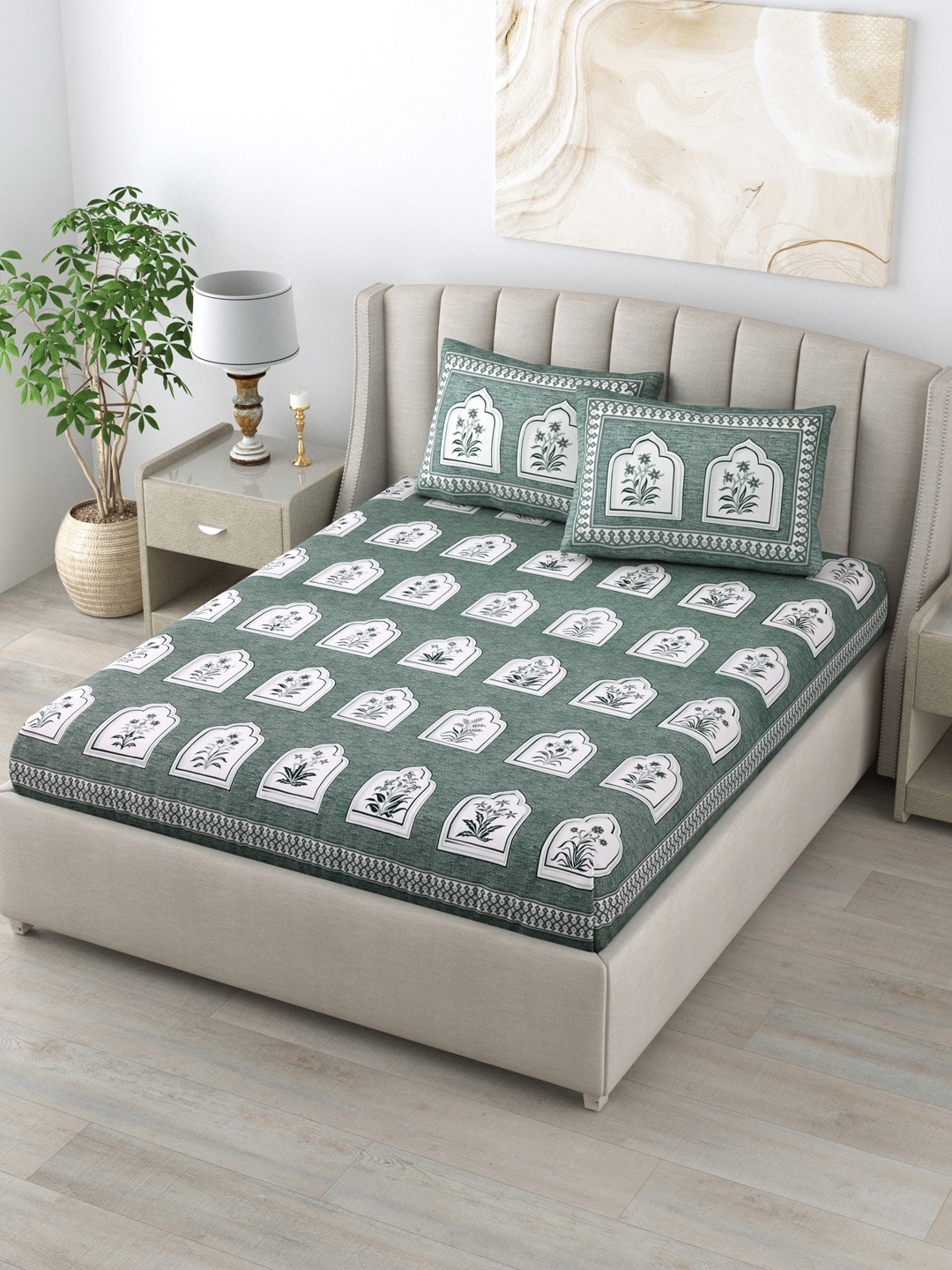 

LIVING ROOTS Green & White Ethnic Motifs 160 TC King Bedsheet with 2 Pillow Covers