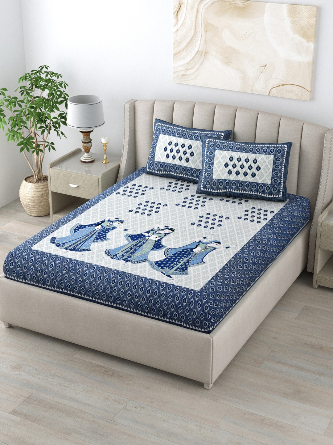 

LIVING ROOTS Blue & Grey Ethnic Motifs 160 TC King Bedsheet with 2 Pillow Covers