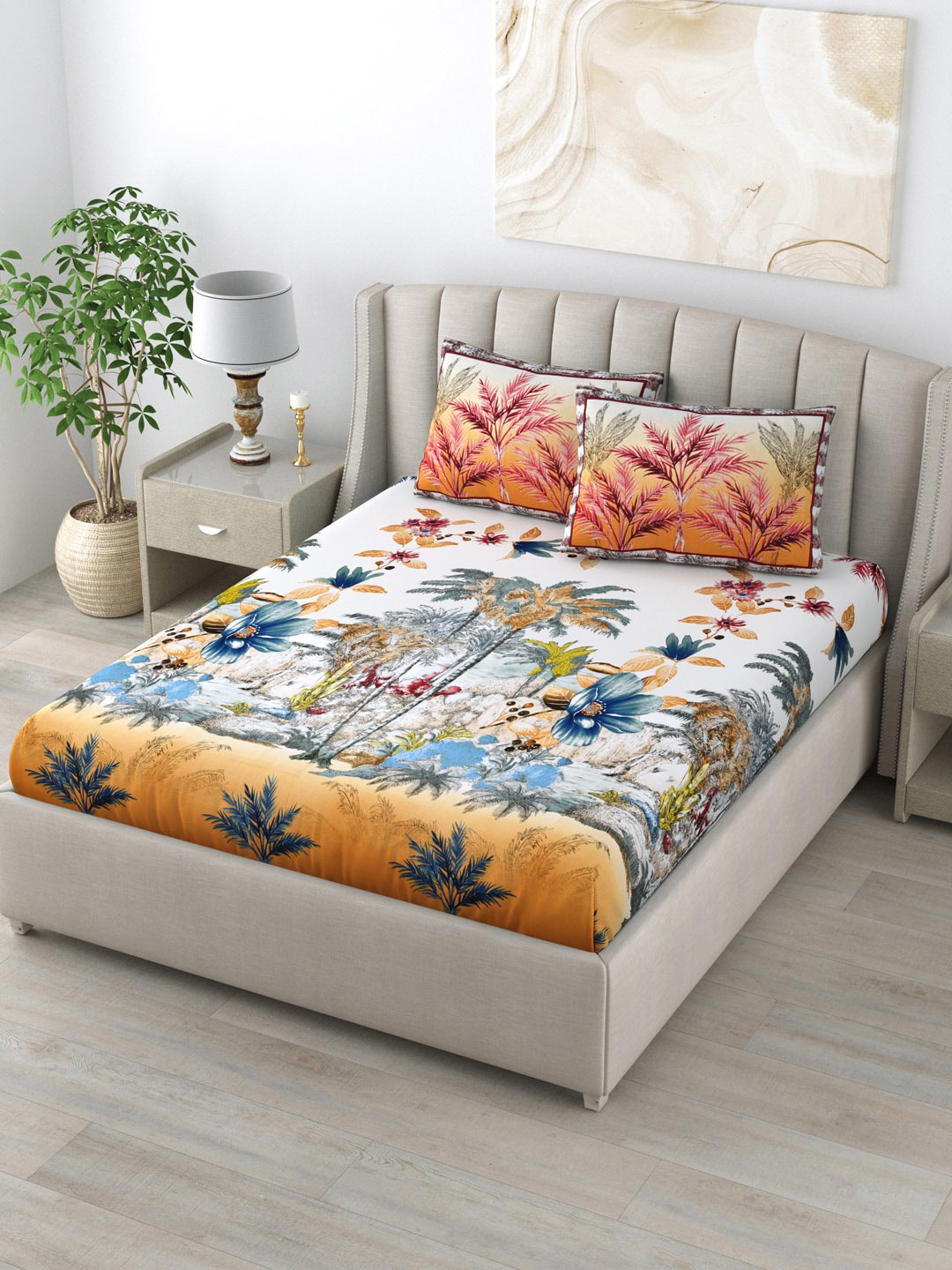 

LIVING ROOTS White & Green Floral 160 TC King Bedsheet with 2 Pillow Covers