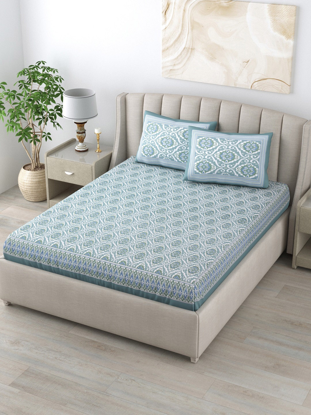 

LIVING ROOTS Blue & White Ethnic Motifs 160 TC King Bedsheet with 2 Pillow Covers