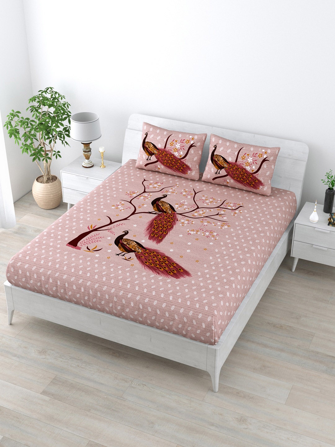 

LIVING ROOTS Pink & Brown Graphic 160 TC King Bedsheet with 2 Pillow Covers