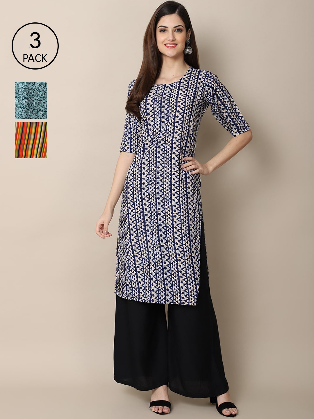 

Ethnic basket Women Pack of 3 Printed Block Print Crepe Kurta, Navy blue