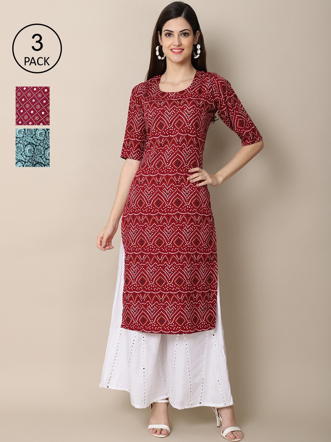 

Ethnic basket Women Pack Of 3 Maroon & Purple Geometric Printed Block Print Crepe Kurtas