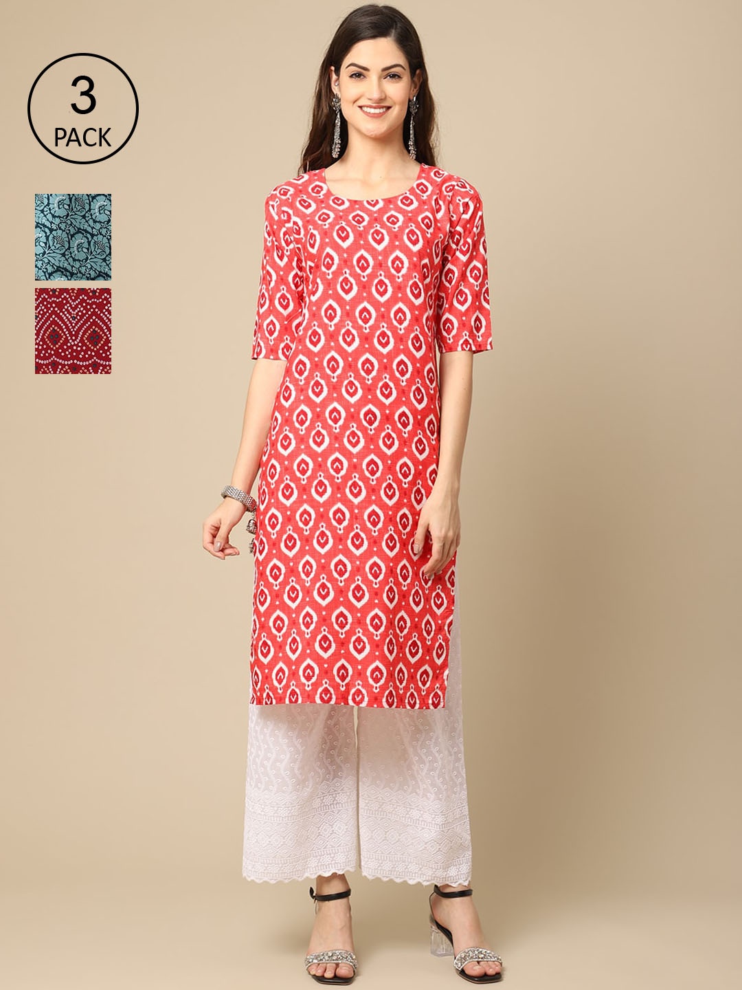 

Ethnic basket Pack of 3 Women Ethnic Motifs Printed Block Print Crepe Kurta, Coral