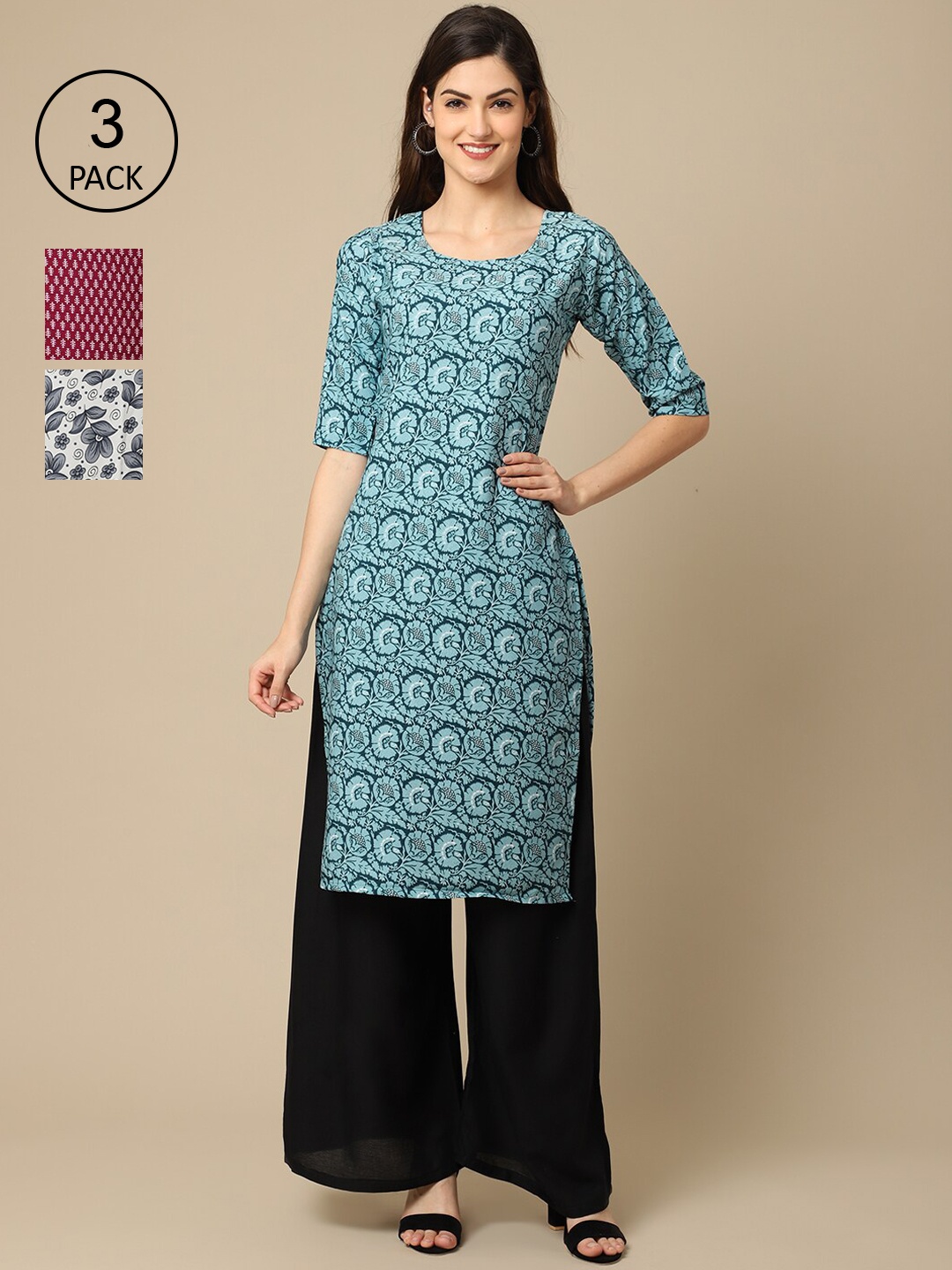 

Ethnic basket Women Pack Of 3 Floral Printed Crepe Kurta, Blue