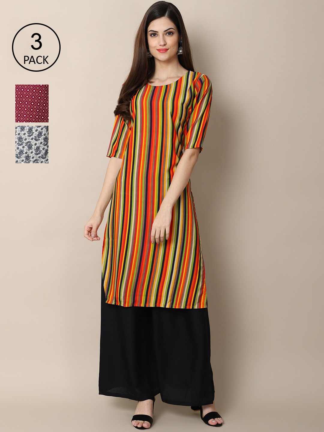 

Ethnic basket Women Pack Of 3 Printed Crepe Kurta, Maroon