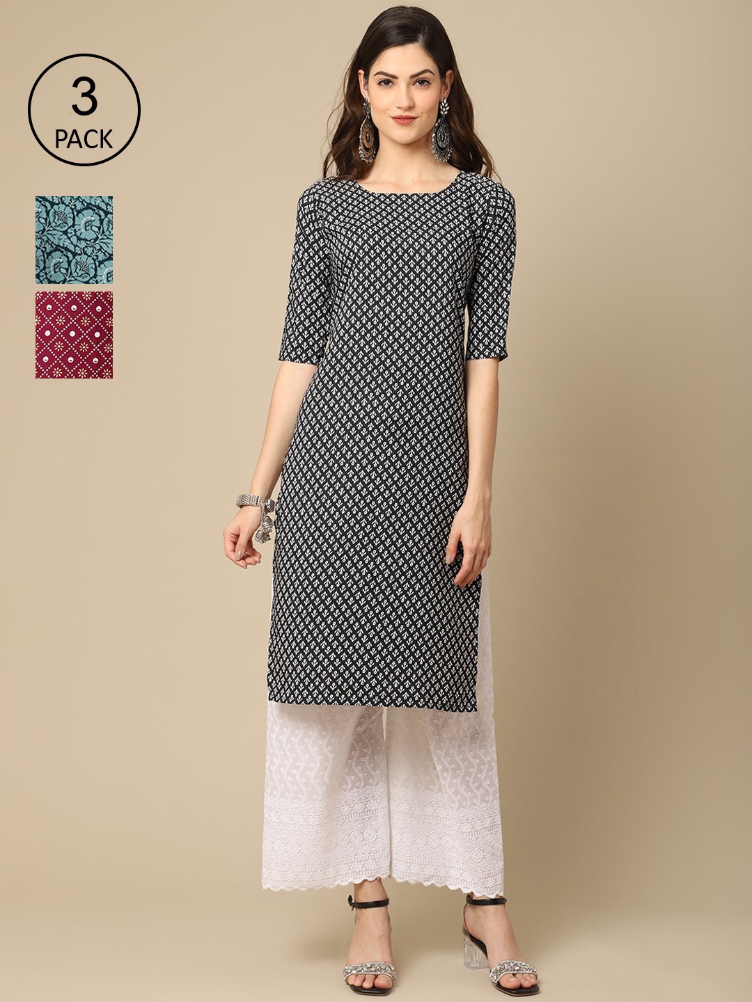 

Ethnic basket Women Pack Of 3 Ethnic Motifs Printed Crepe Kurta, Black