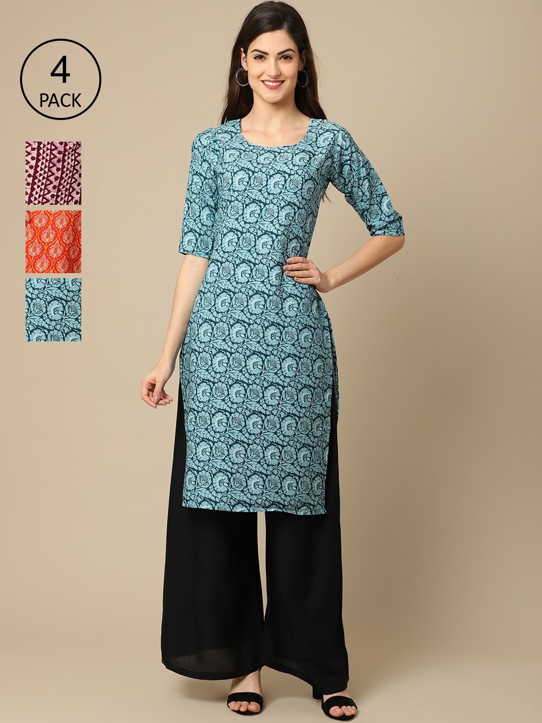 

Ethnic basket Women Pack of 4 Multicoloured Floral Printed Crepe Kurta, Multi