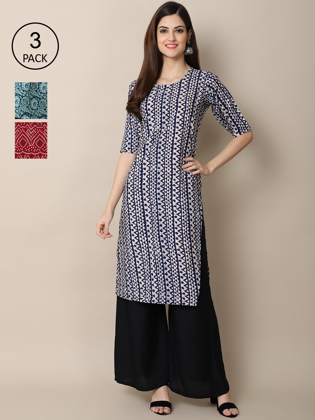 

Ethnic basket Women Pack Of 3 Printed Crepe Kurta, Maroon