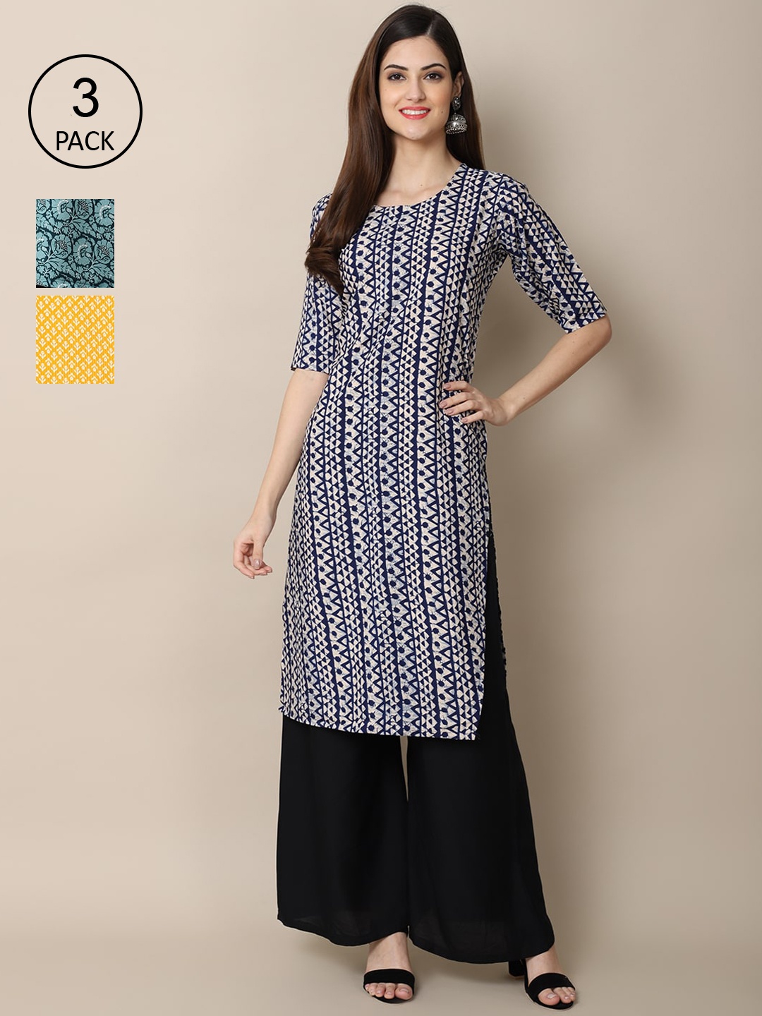 

Ethnic basket Women Pack Of 3 Printed Crepe Kurta, Yellow