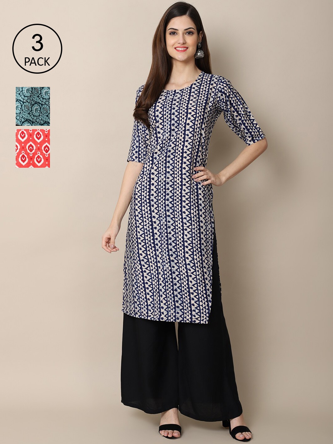 

Ethnic basket Women Pack of 3 Ethnic Motifs Printed Crepe Kurta, Navy blue