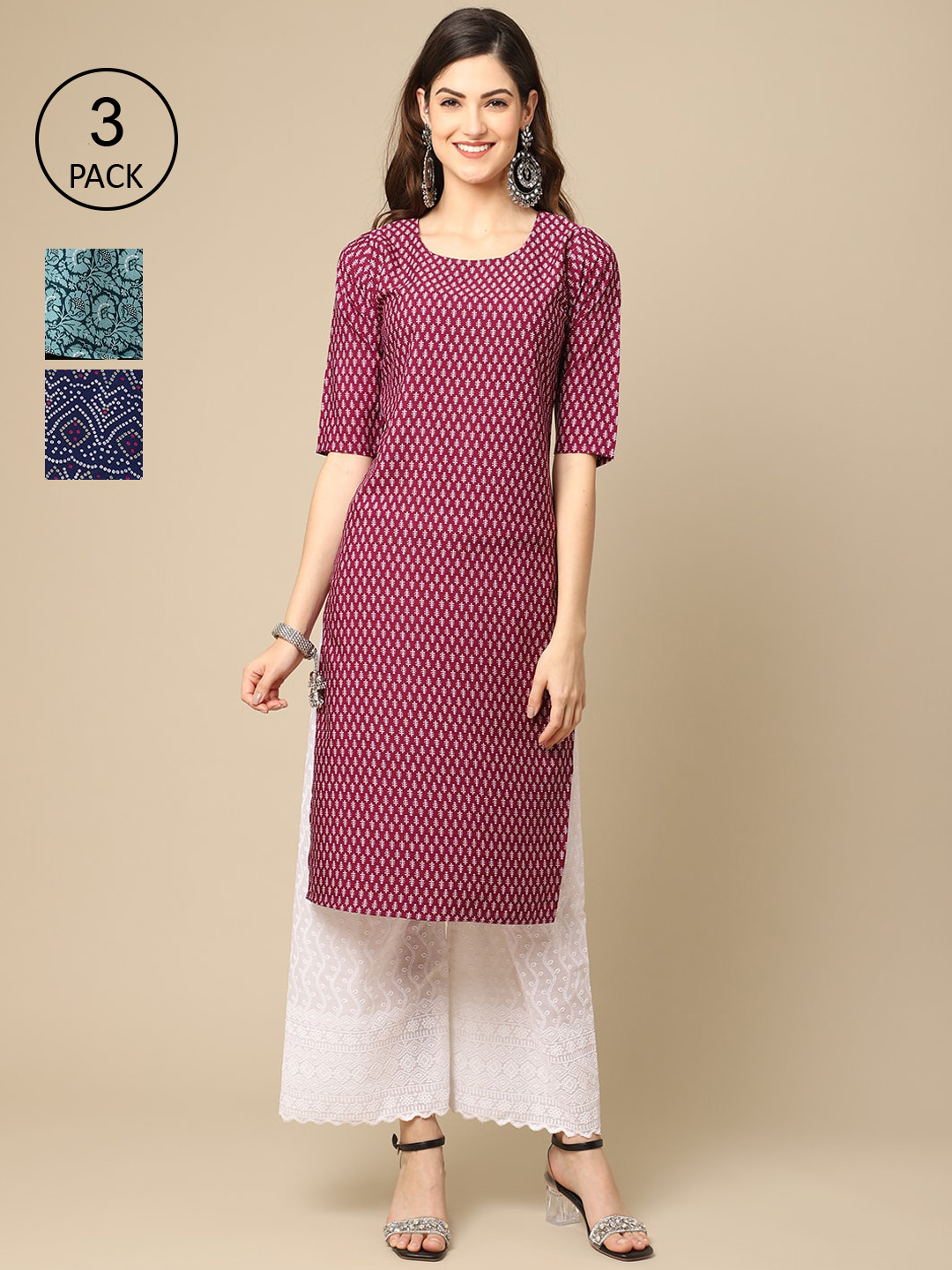 

Ethnic basket Women Pack of 3 Ethnic Motifs Printed Crepe Kurta, Maroon