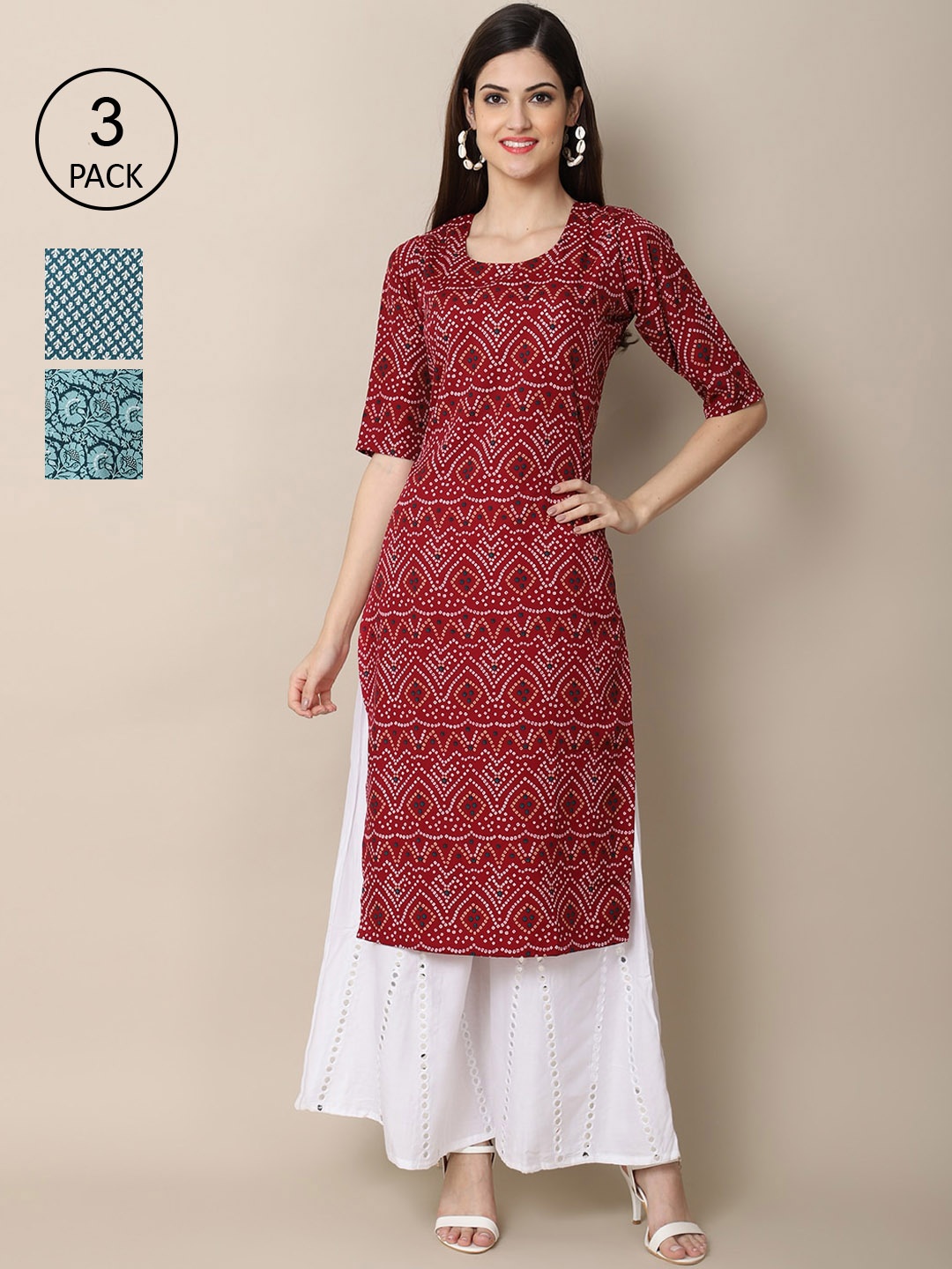 

Ethnic basket Women Pack of 3 Maroon & Blue Bandhani Block Print Crepe Kurta