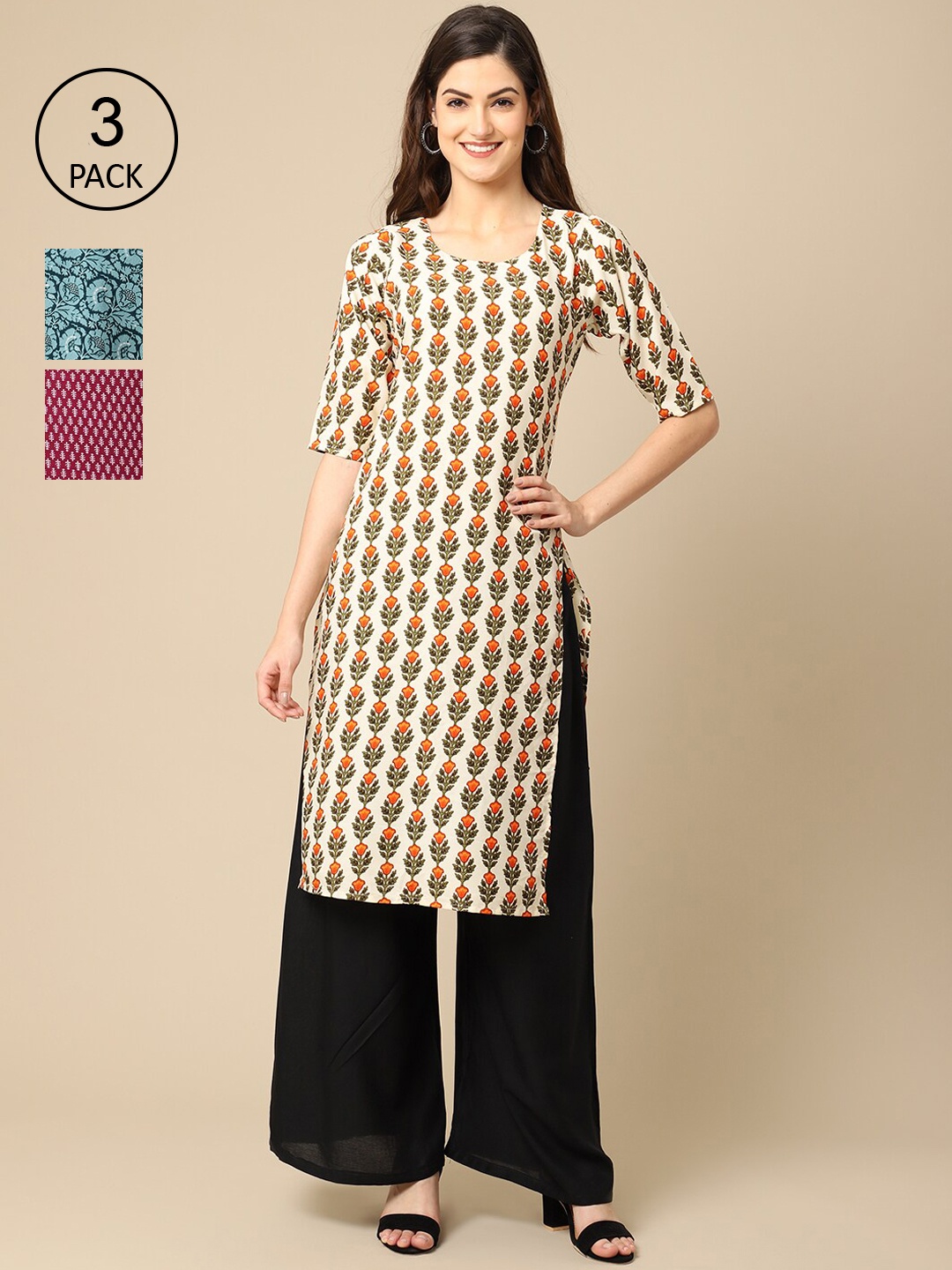 

Ethnic Basket Pack of 3 Stylish Women's Crepe Printed Straight Kurta, Beige