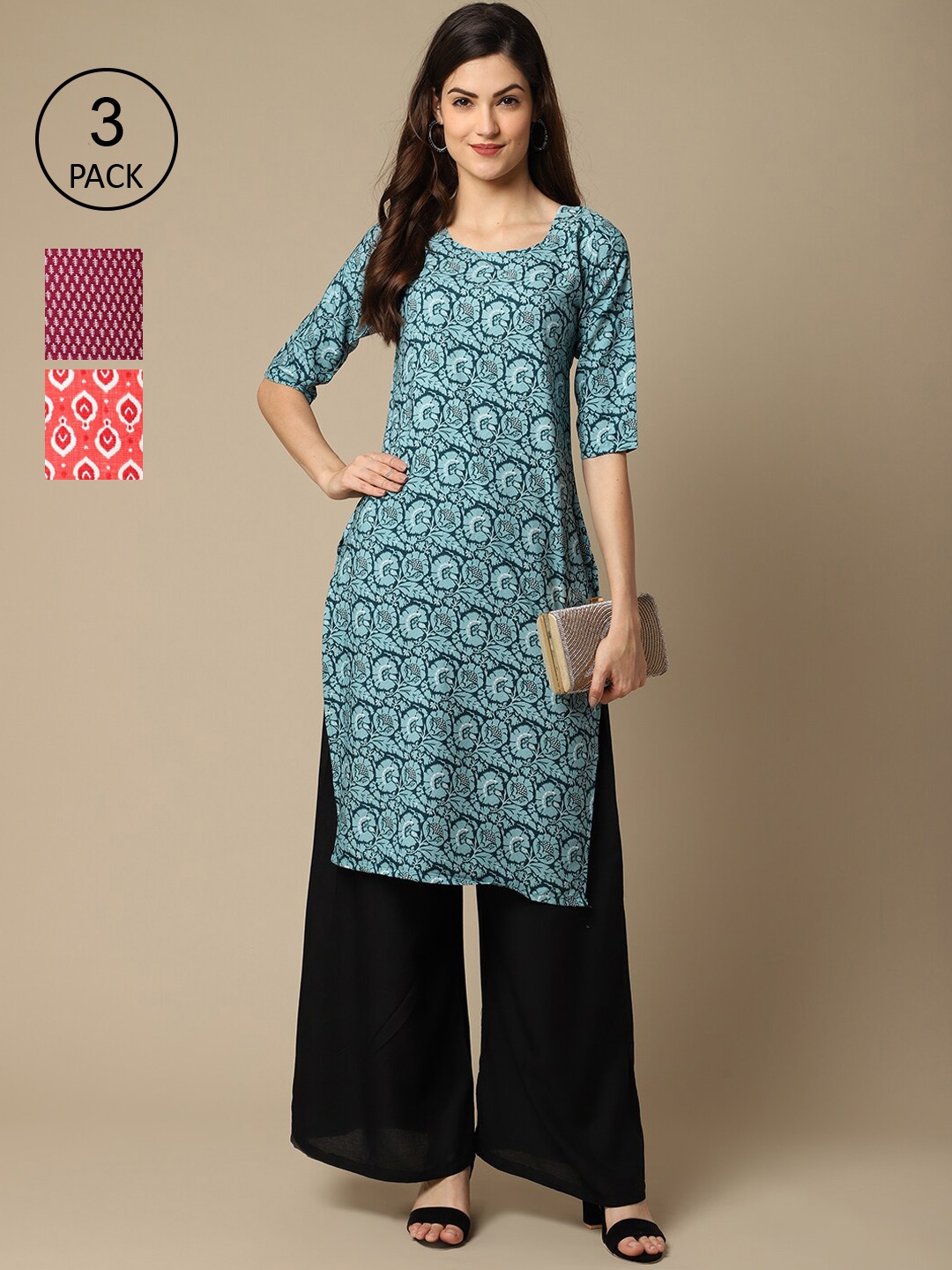 

Ethnic basket Women Pack of 3 Blue & Magenta Ethnic Motifs Printed Crepe Kurta