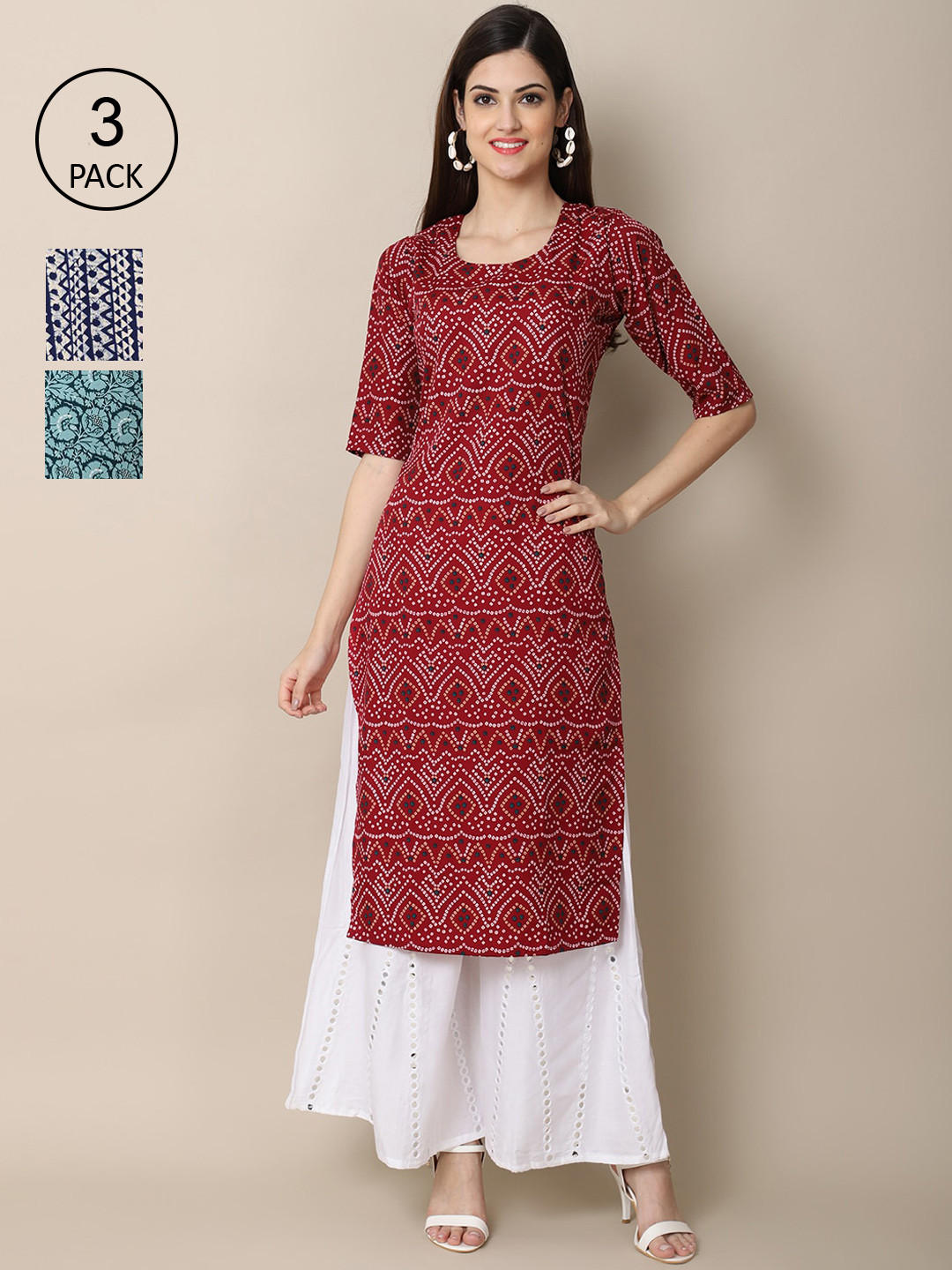 

Ethnic basket Pack Of 3 Women Maroon & Blue Ethnic Motifs Printed Crepe Kurta