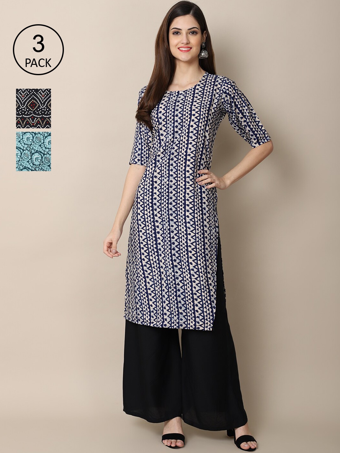 

Ethnic basket Women Pack of 3 Black & Blue Ethnic Motifs Printed Block Print Crepe Kurtas