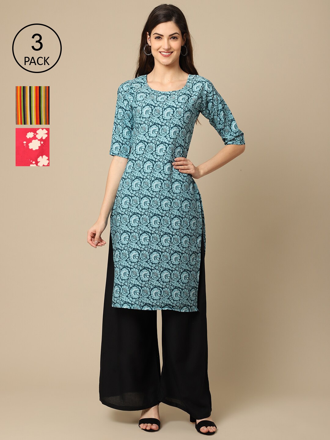 

Ethnic Basket Pack of 3 Stylish Women's Crepe Printed Straight Kurta, Green