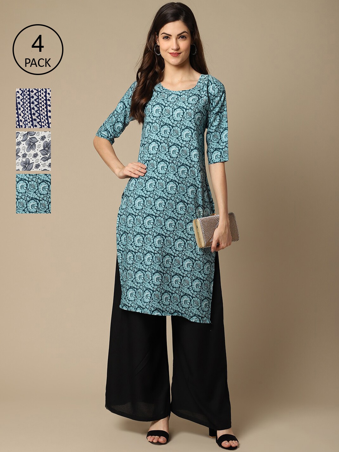 

Ethnic Basket Pack of 3 Stylish Women's Crepe Printed Straight Kurta, Teal