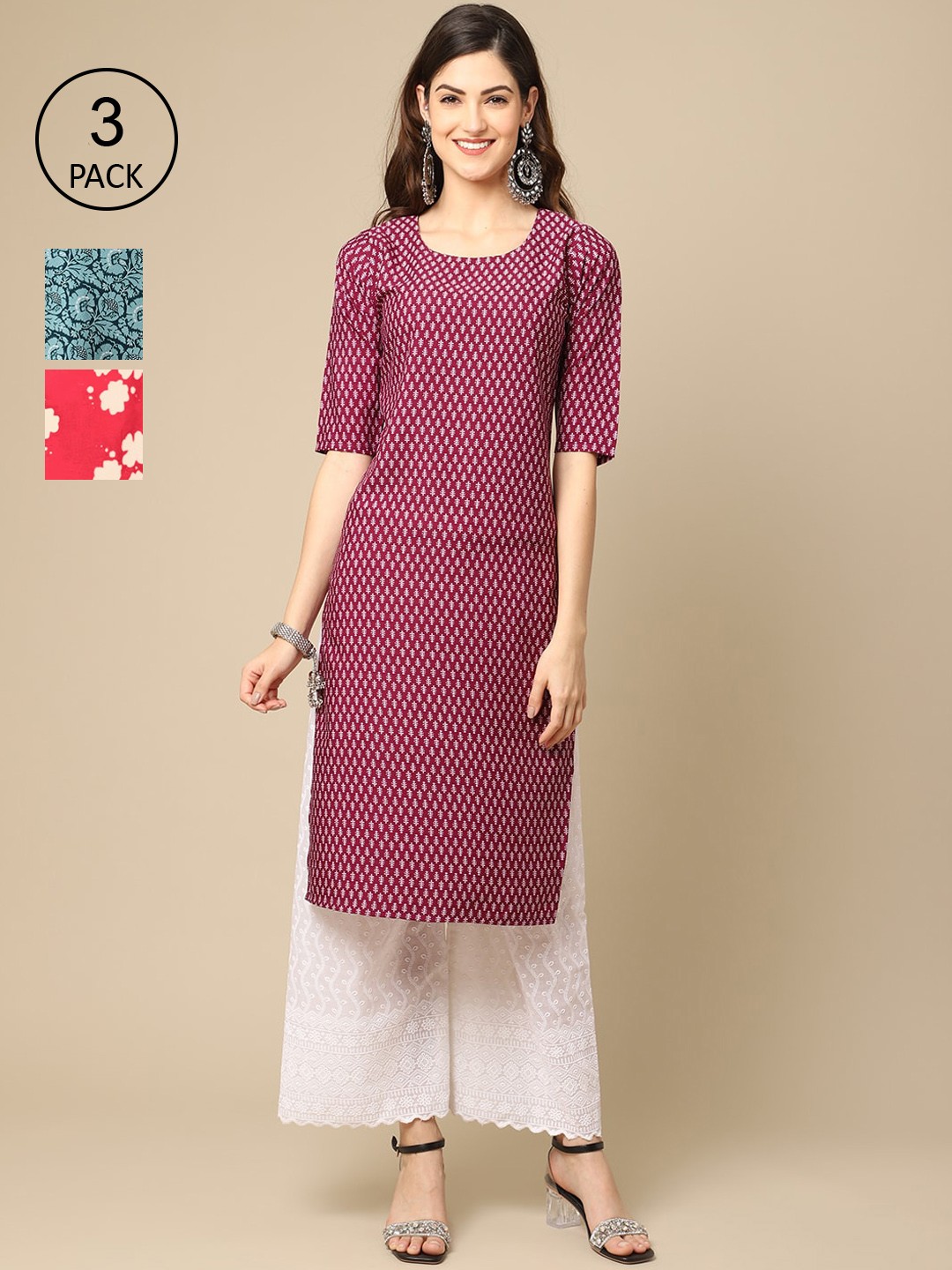 

Ethnic basket Women Pack of 3 Multicoloured Crepe Kurtas, Multi
