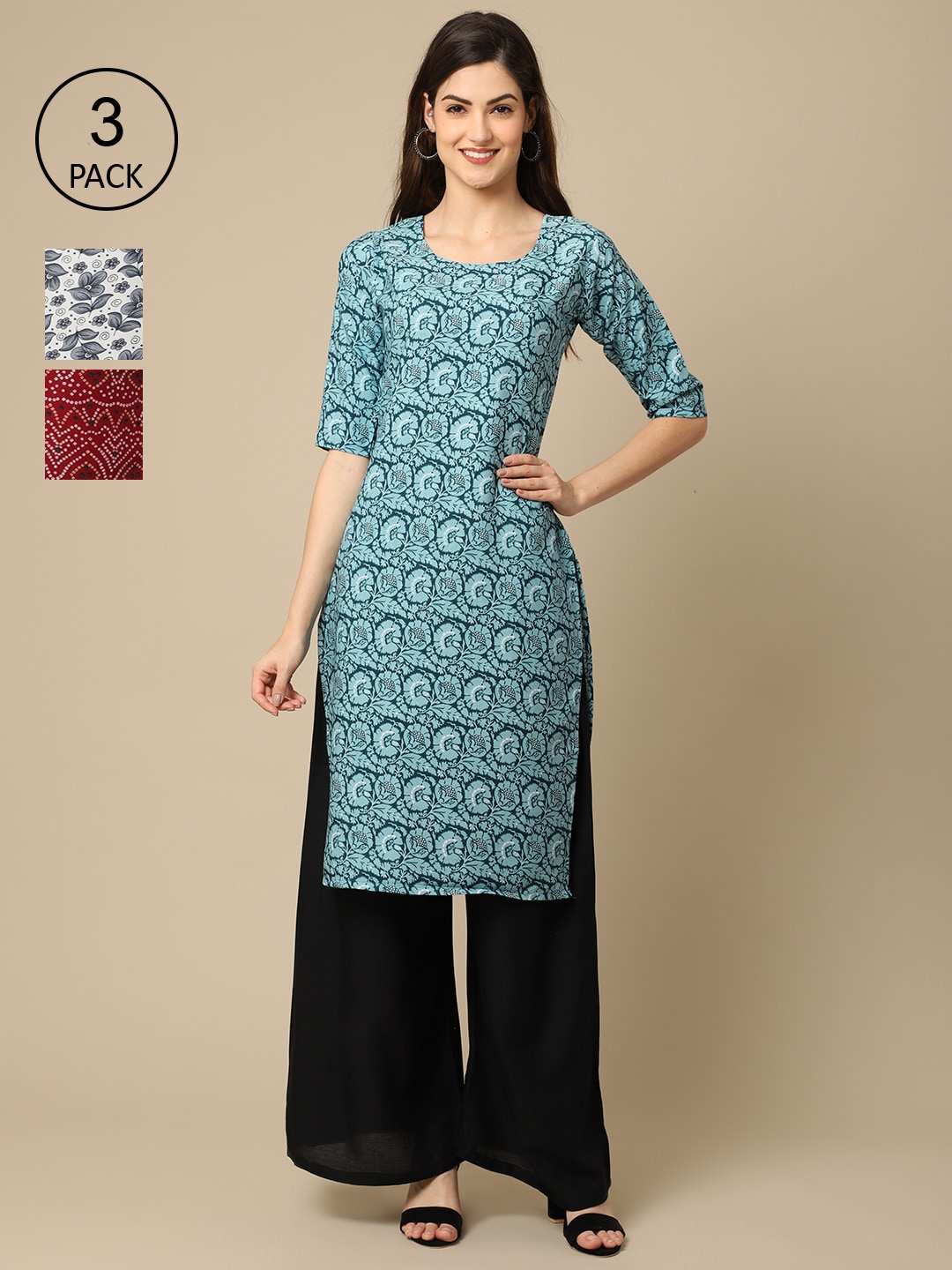 

Ethnic basket Women Pack Of 3 Printed Crepe Kurta, Blue
