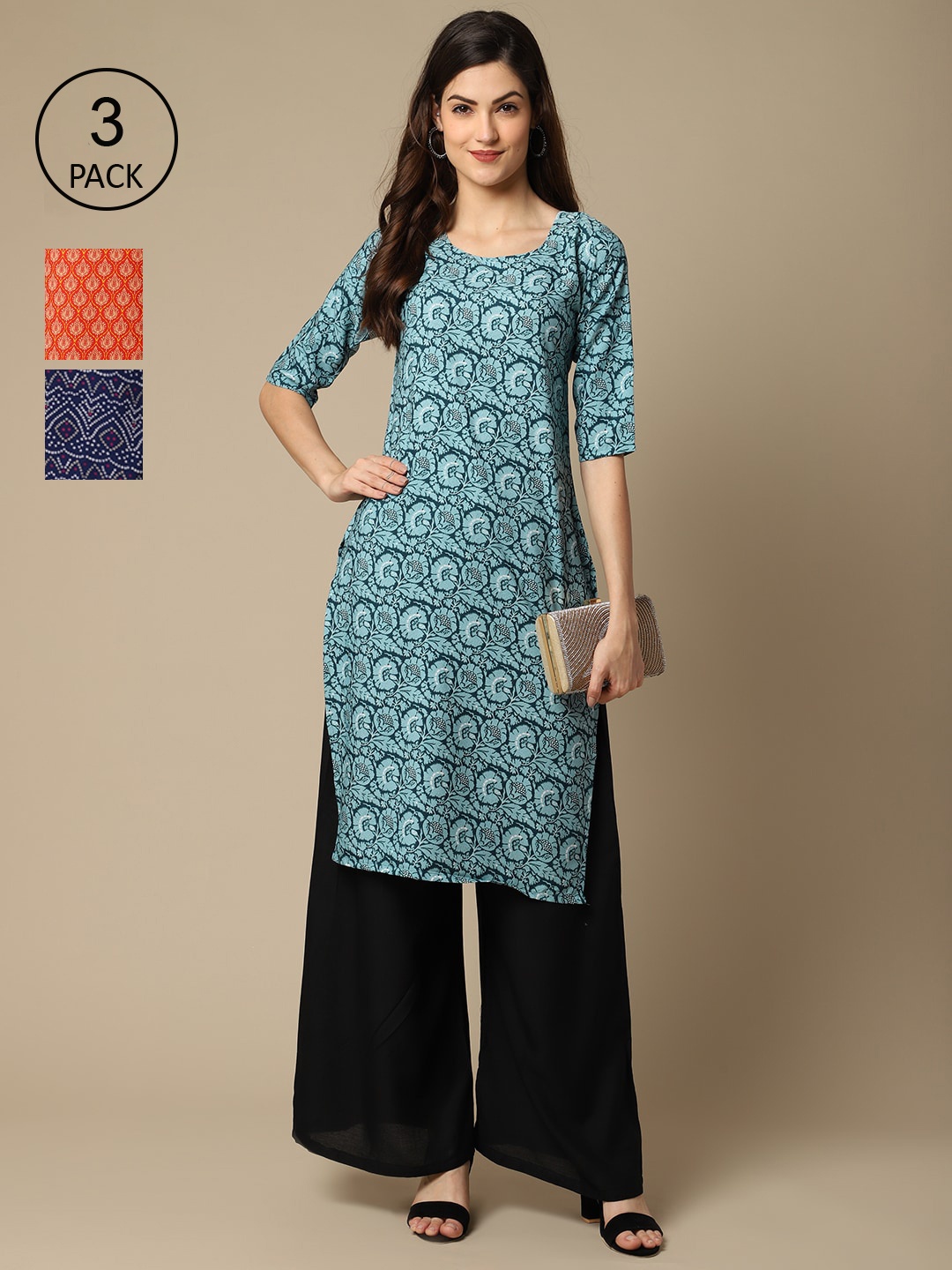 

Ethnic basket Women Pack of 3 Printed Crepe Kurta, Multi