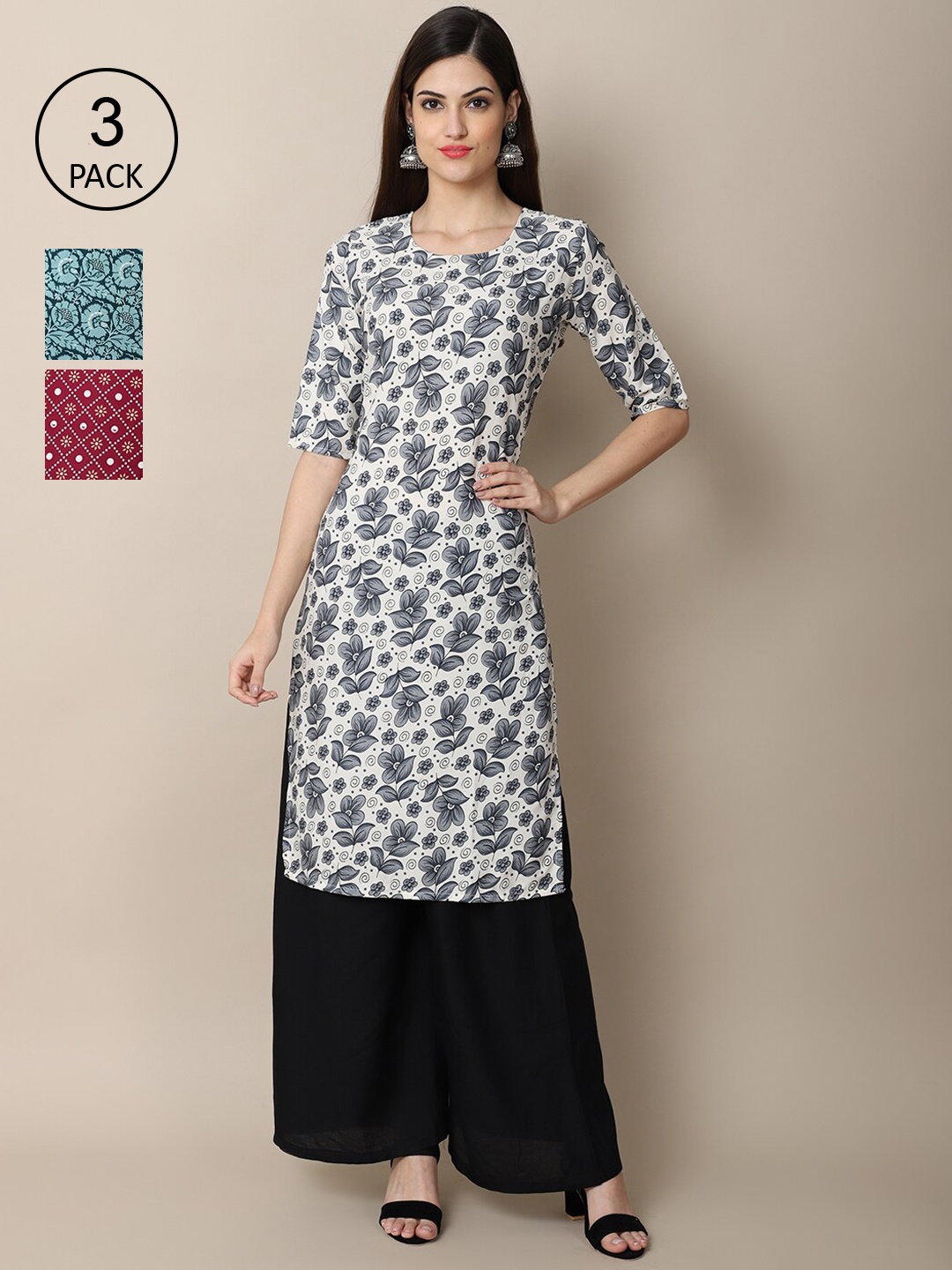 

Ethnic basket Women Pack of 3 Printed Block Print Crepe Kurta, Grey