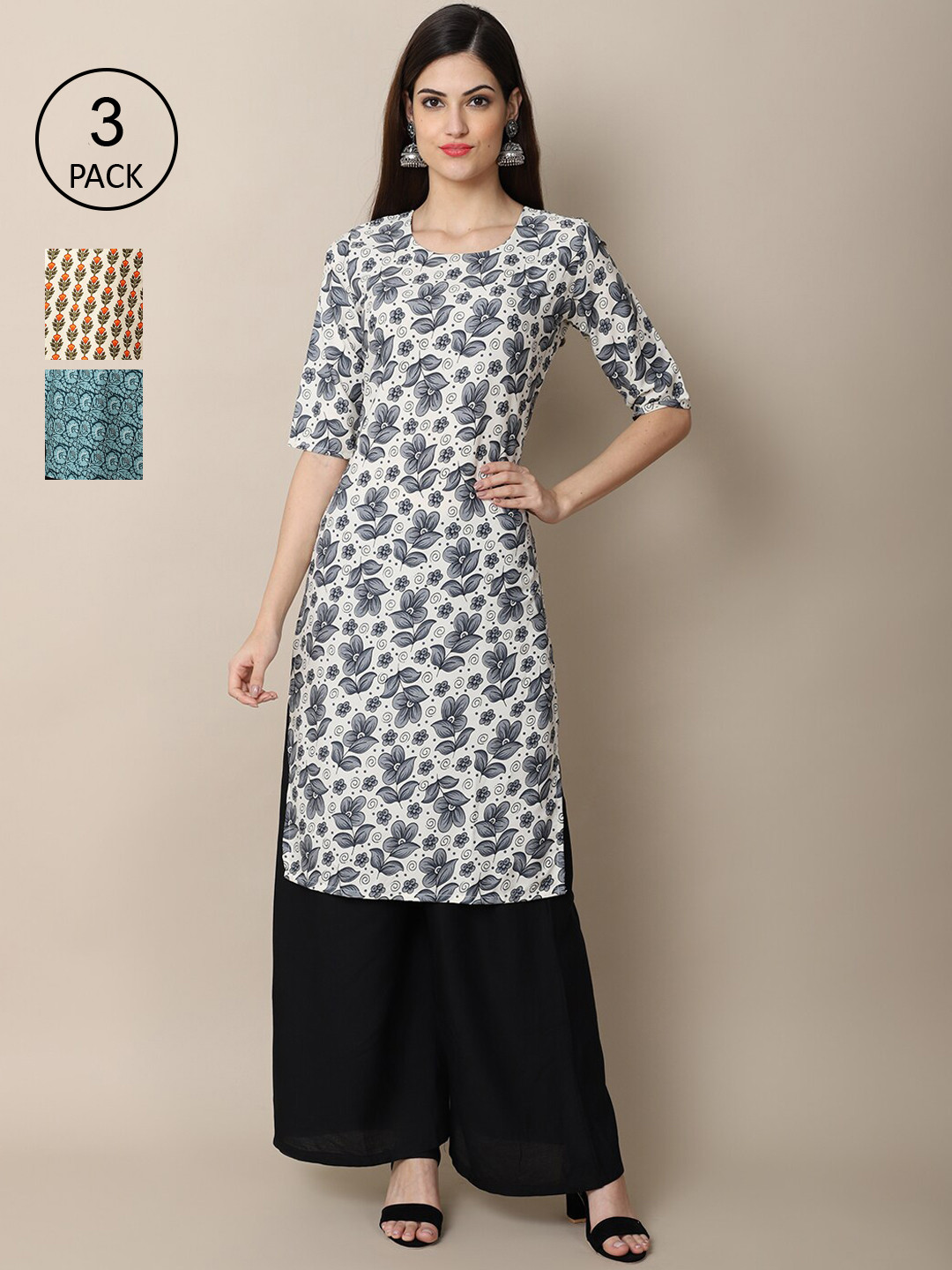 

Ethnic basket Pack of 3 Women Floral Printed Block Print Crepe Kurta, Grey
