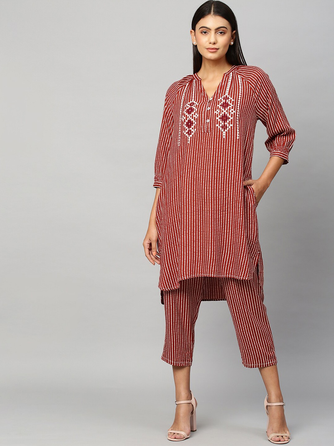 

Modern Indian by CHEMISTRY Women Geometric Print Embroidered Detail Kurta With Trouser, Rust