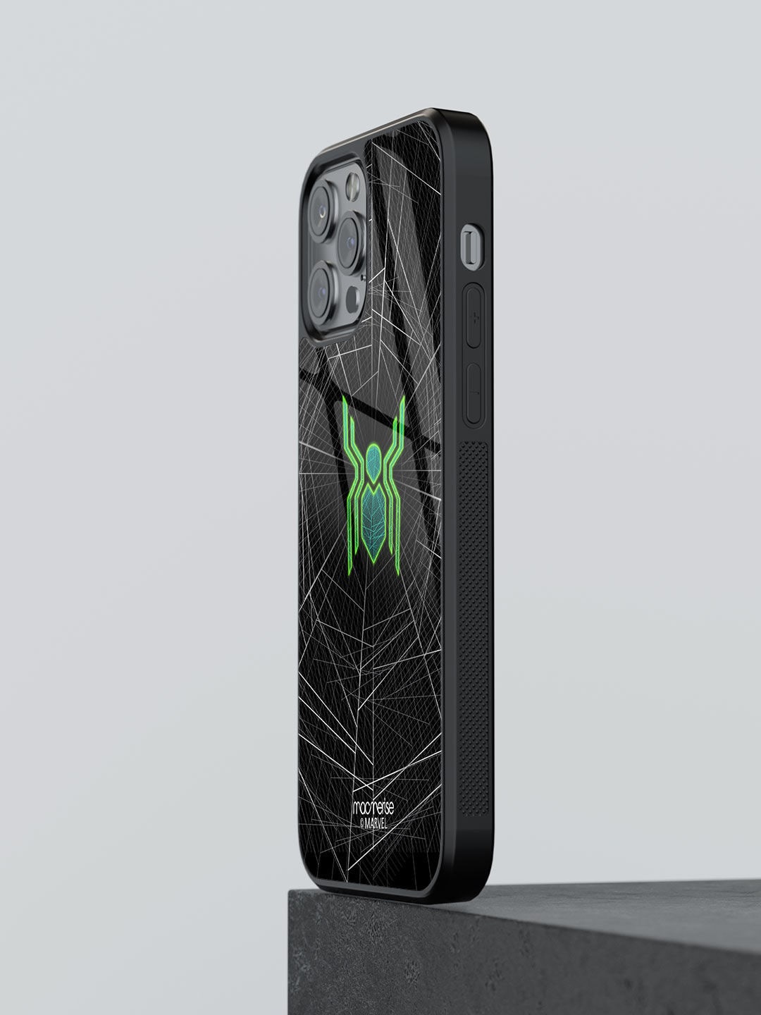 

macmerise Black Spiderman Logo Web Printed iPhone 13 Pro Glass Back Case