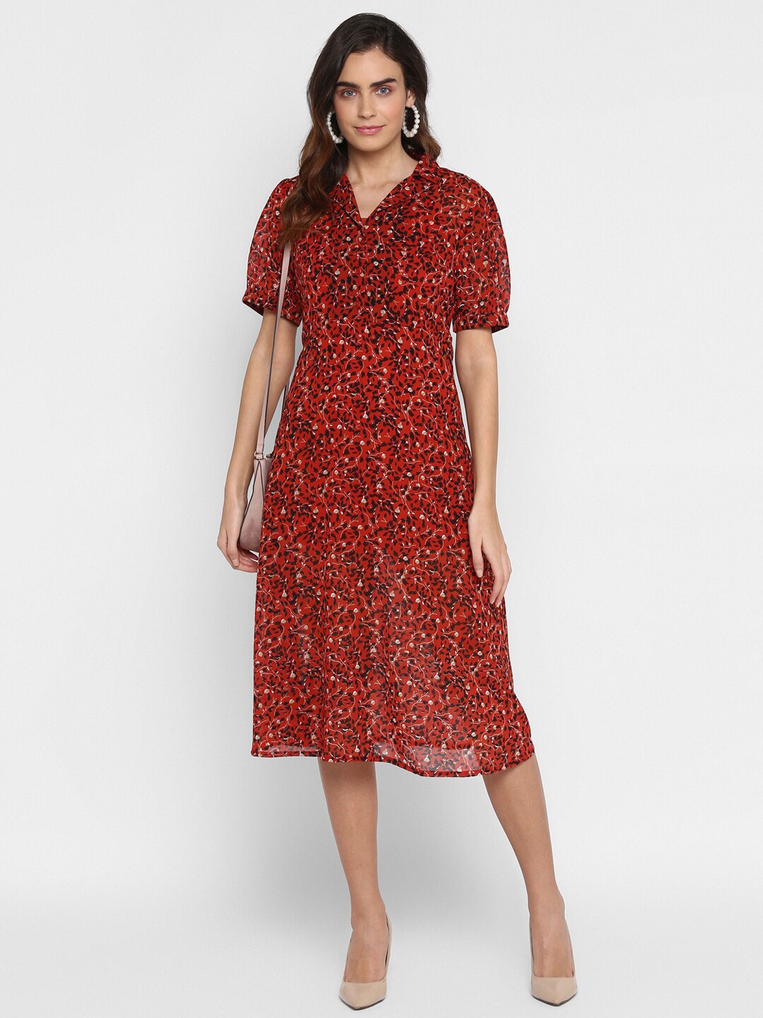 

HOUSE OF KKARMA Red & Black Floral Georgette Midi Dress