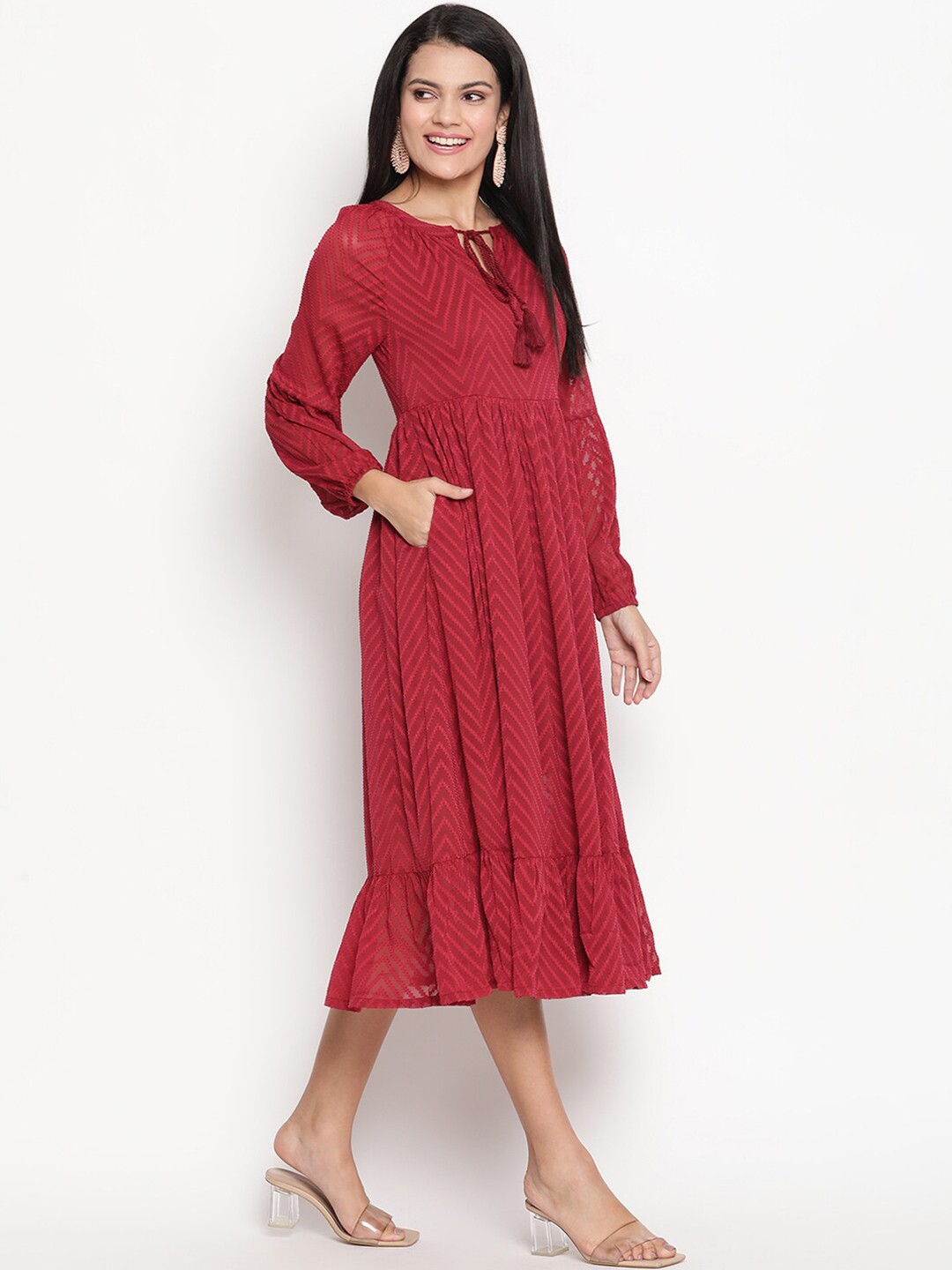 

HOUSE OF KKARMA Women Red Tie-Up Neck Georgette Midi Dress