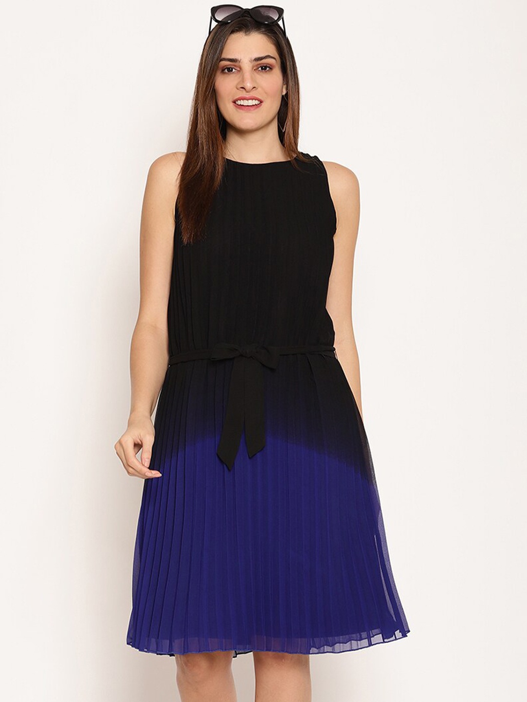 

HOUSE OF KKARMA Black & Blue Pleated Ombre Crepe A-Line Dress