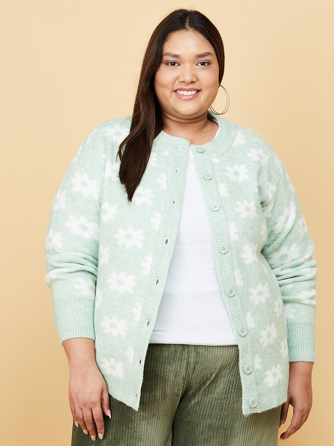 

max Women Green & White Floral Printed Cardigan