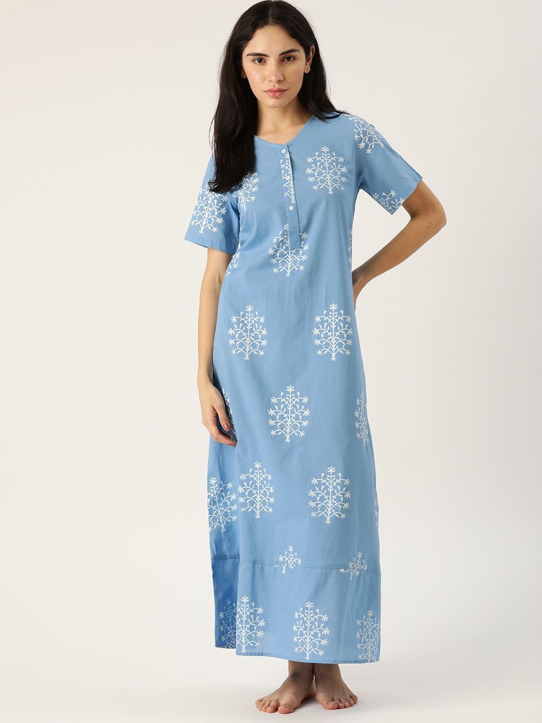 

ETC Turquoise Blue Printed Cotton Maxi Nightdress