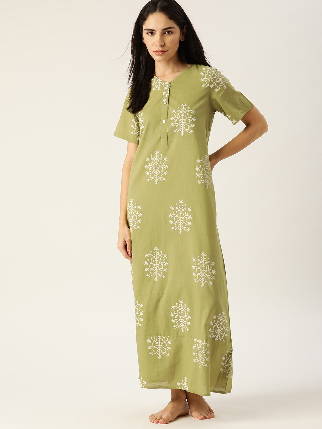 

ETC Olive Green Printed Cotton Maxi Nightdress