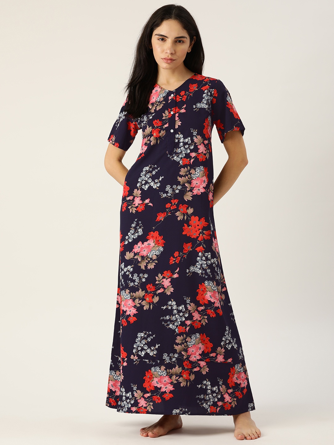 

ETC Navy Blue & Red Printed Maxi Nightdress