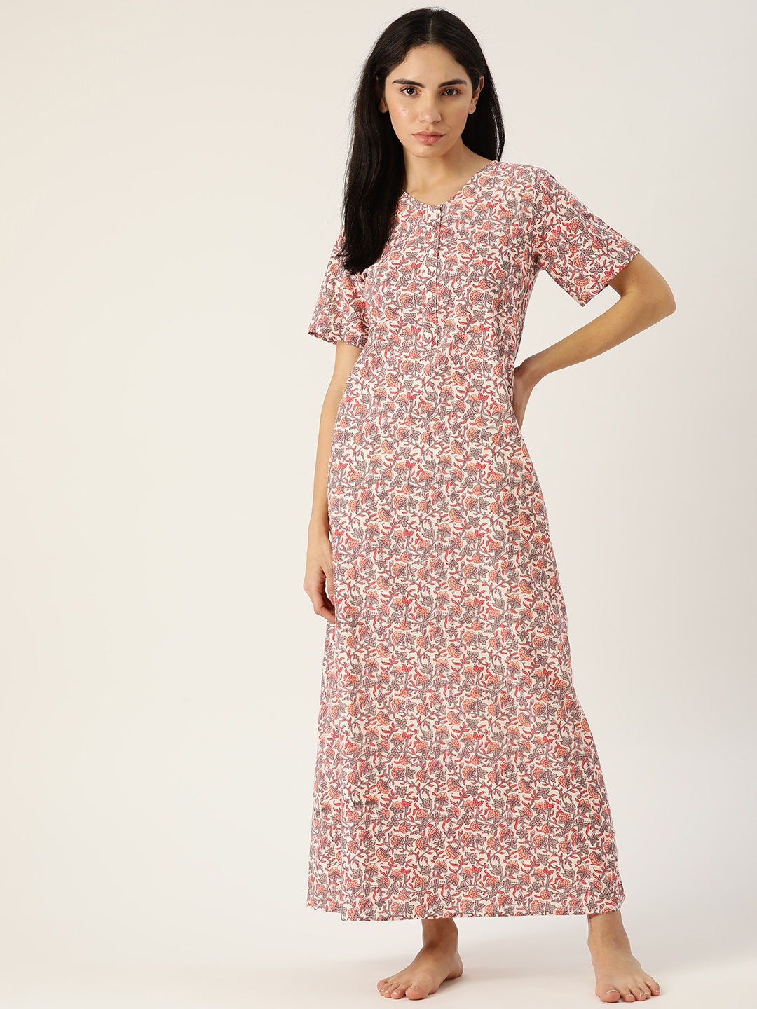 

ETC White & Peach-Coloured Printed Cotton Maxi Nightdress