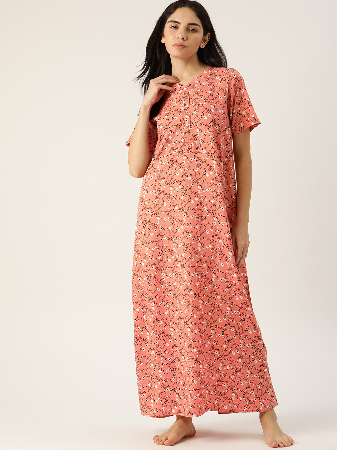

ETC Peach-Coloured Printed Maxi Nightdress