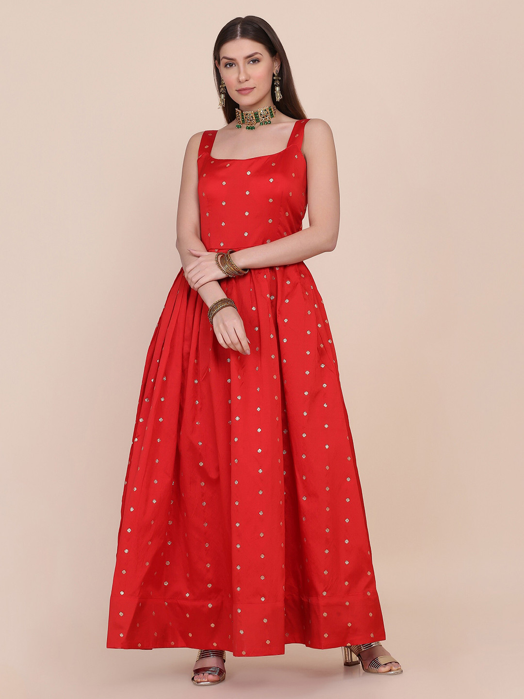 

Atsevam Women Red Jacquard Ethnic Maxi Dress