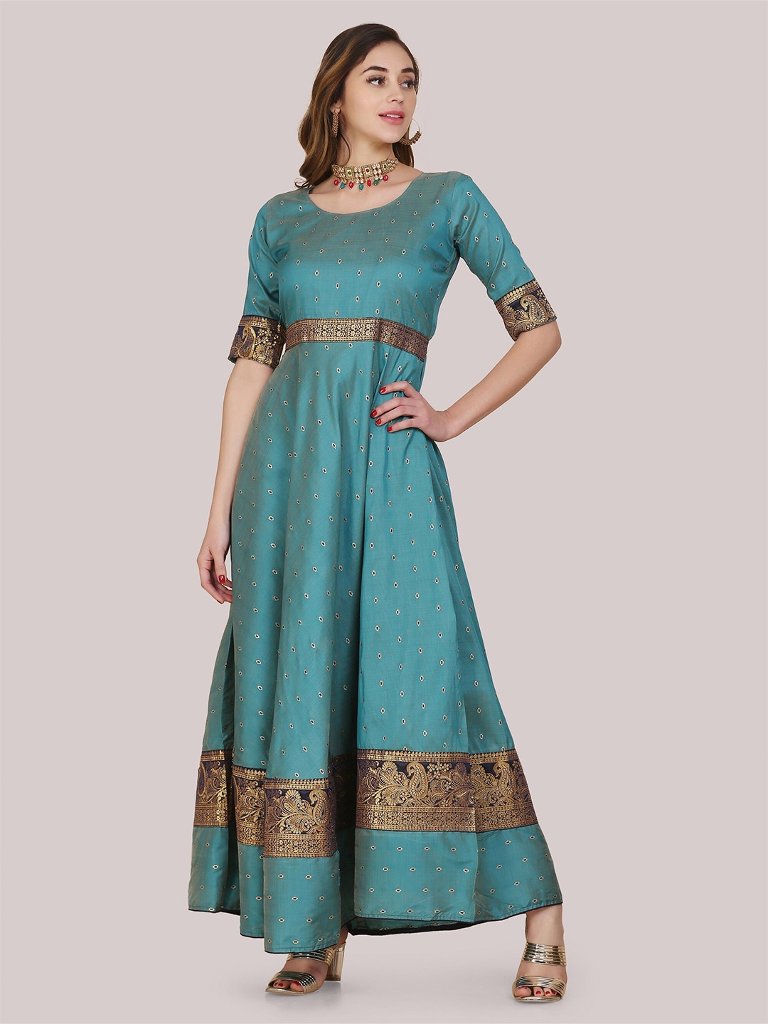 

Atsevam Women Sea Green Ethnic Motifs Jacquard Ethnic Maxi Dress