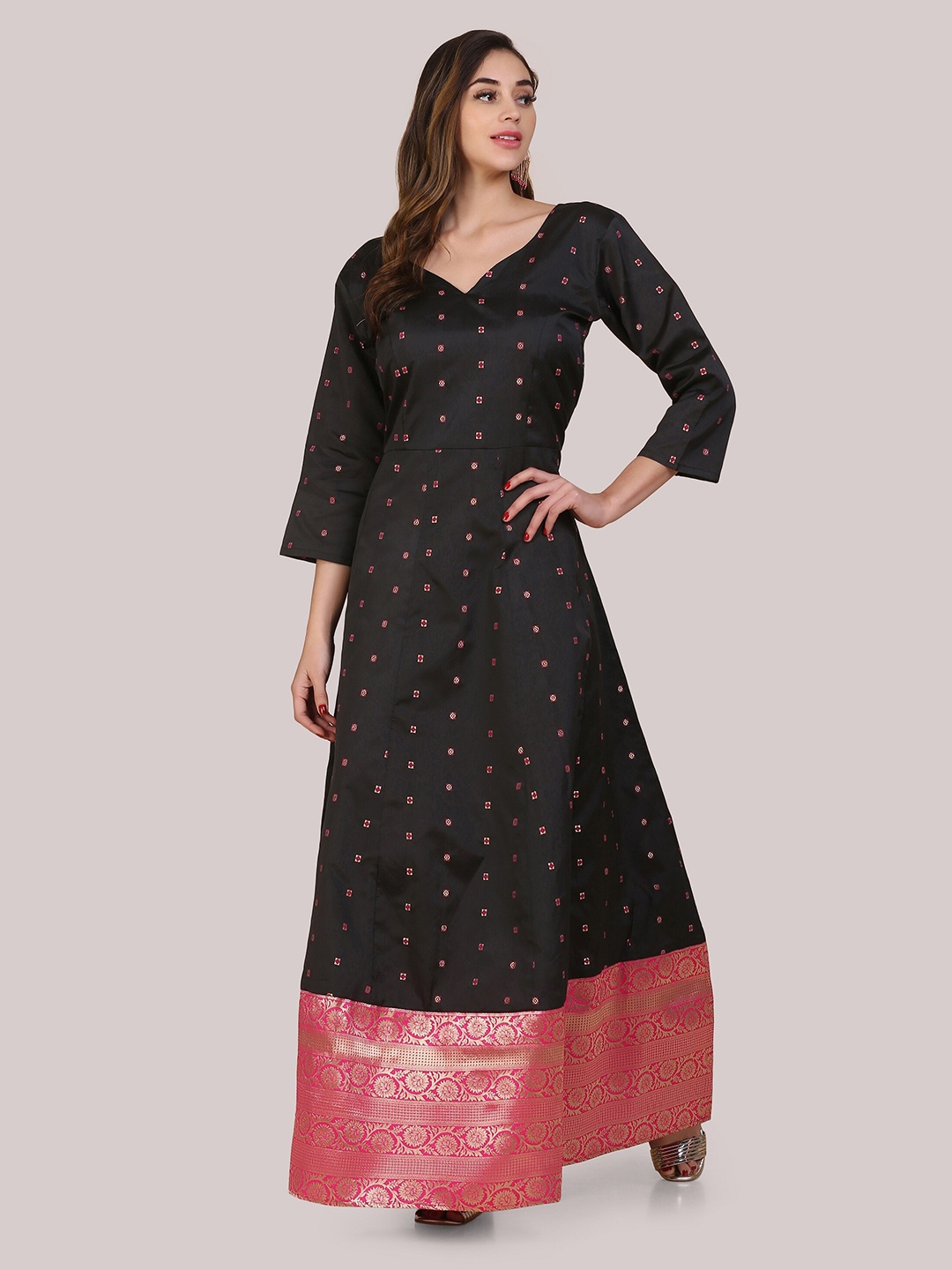 

Atsevam Women Black Floral Jacquard Ethnic Maxi Dress