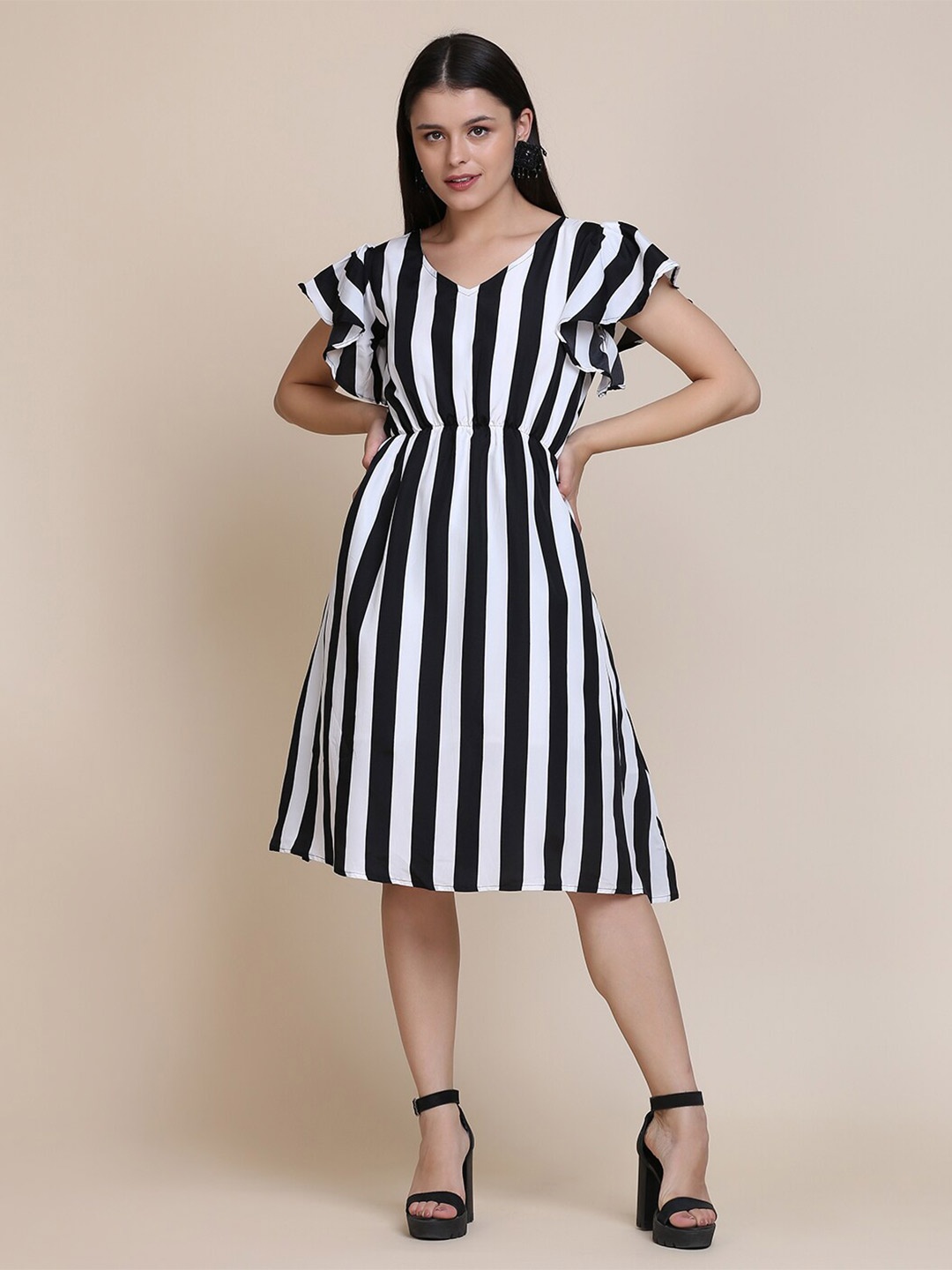 

Atsevam Women White & Black Striped Crepe Midi Dress