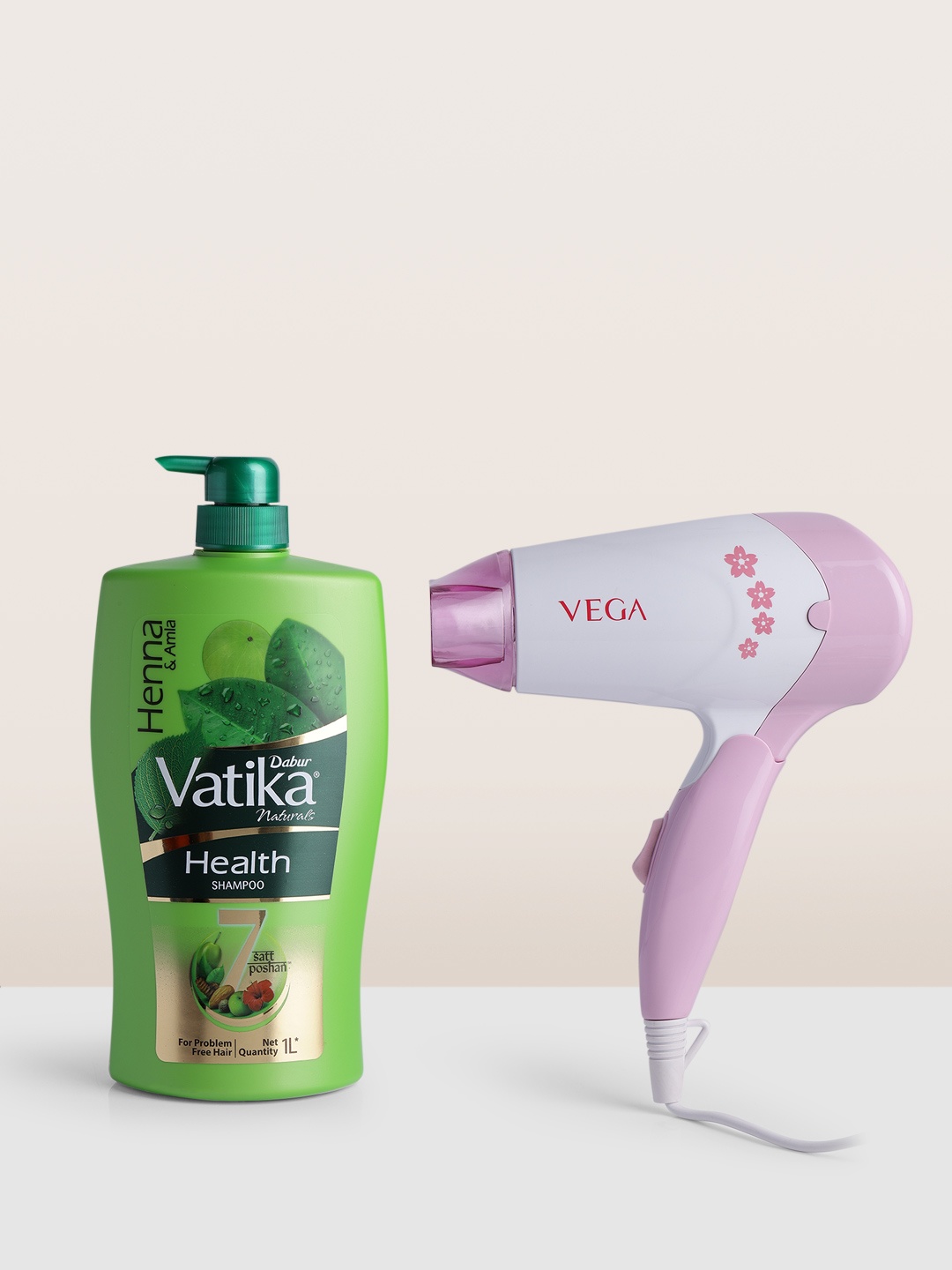 

Dabur Set of Vatika Natural Health Shampoo 1000 ml & VEGA Hair Dryer - Pink, Green