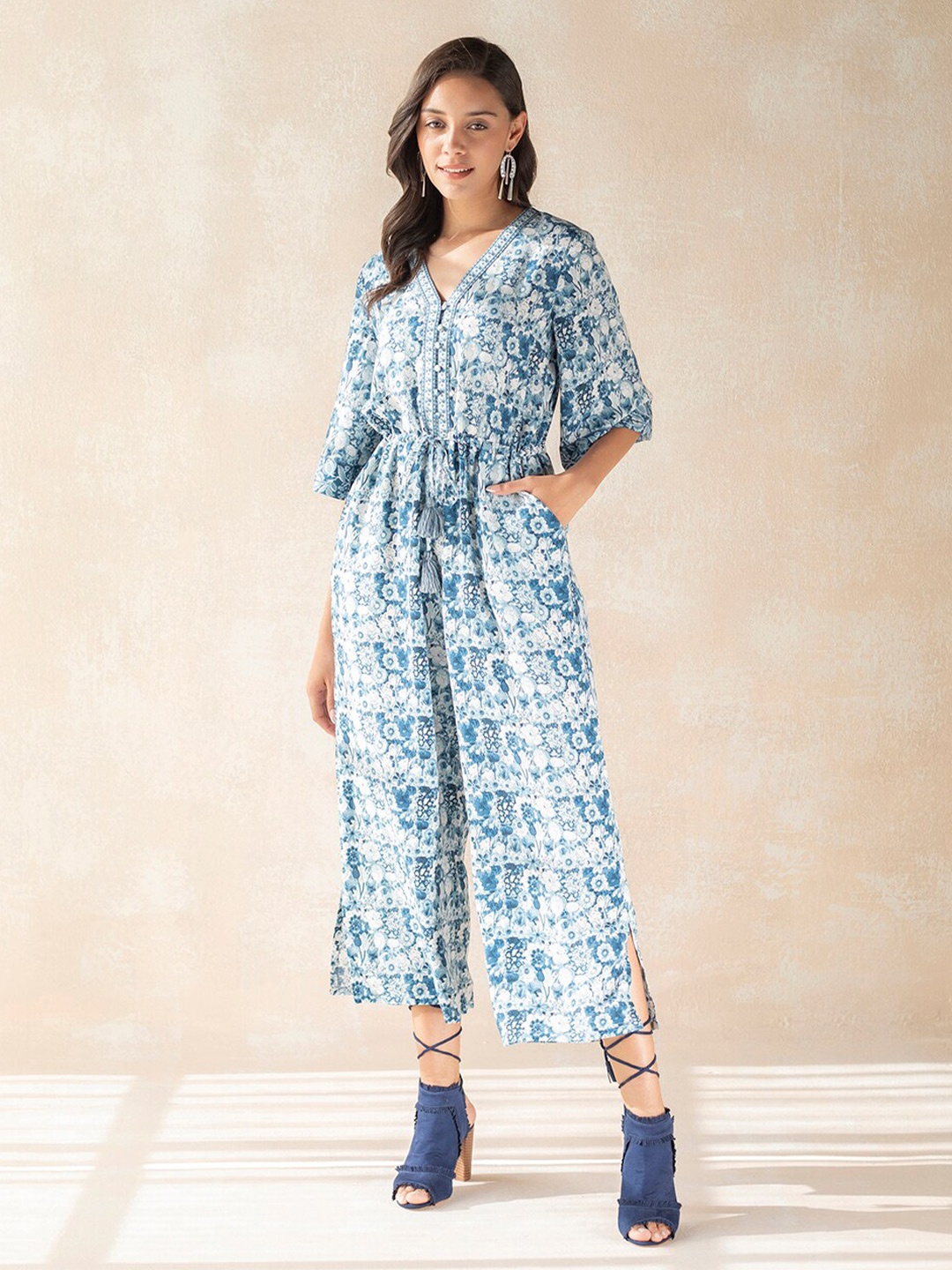

Femella Women Blue & Off White Printed Basic Jumpsuit