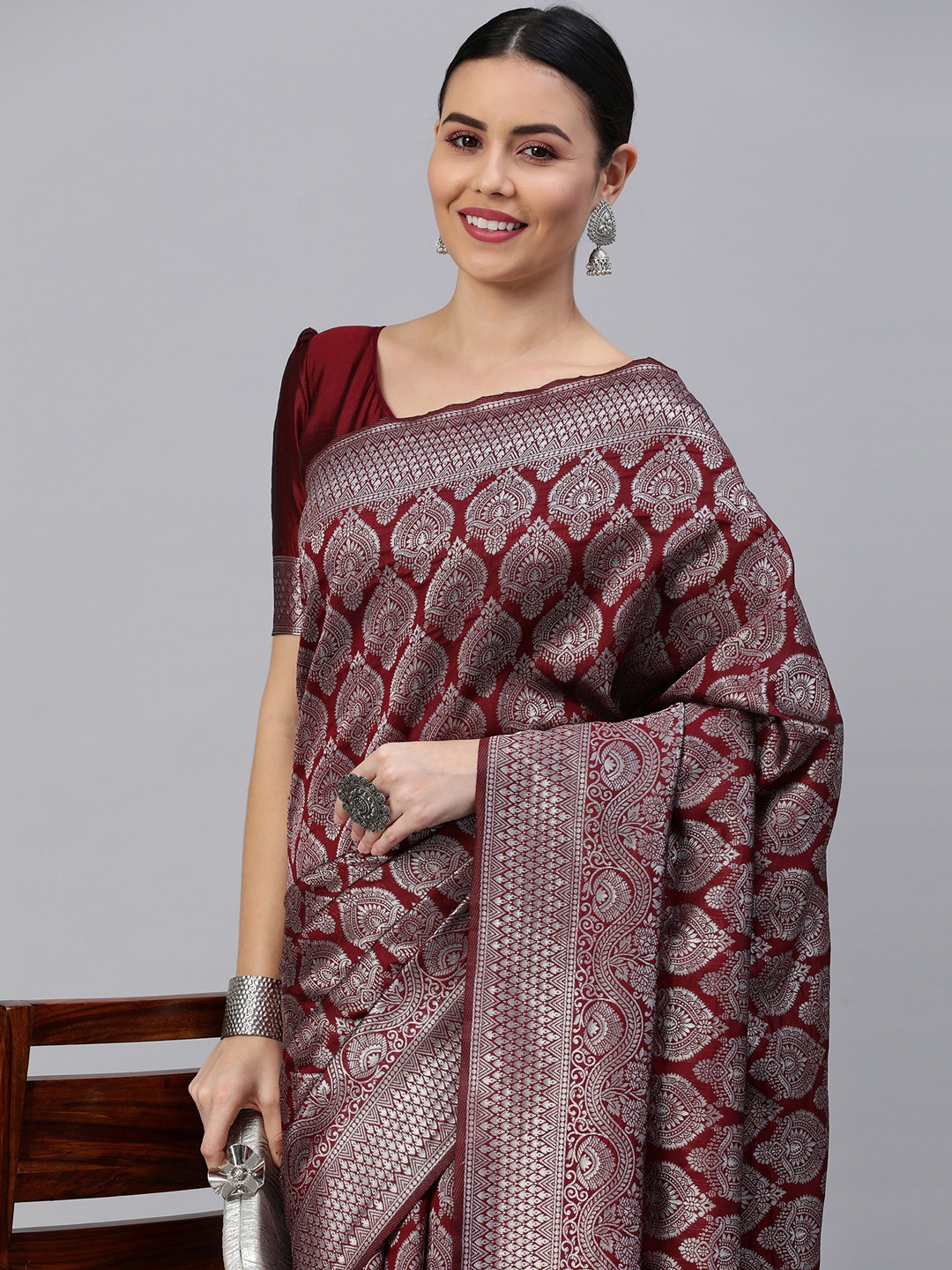 

Satrani Brown & Silver-Toned Woven Design Zari Banarasi Saree