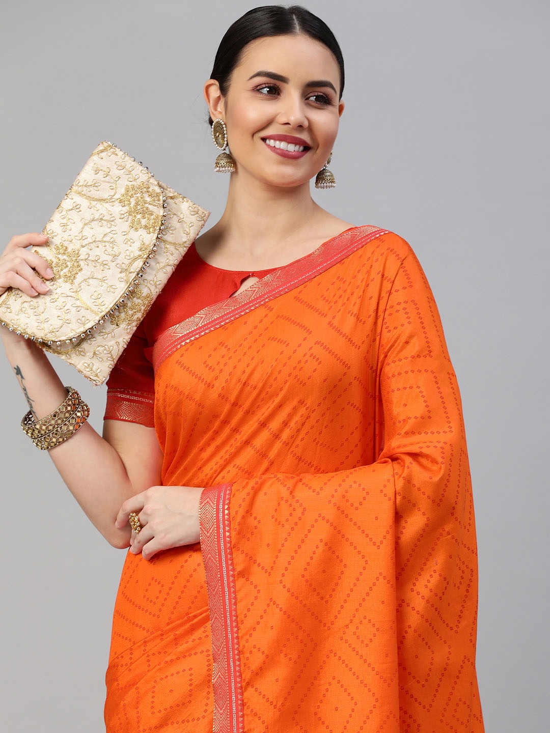 

Satrani Orange & Gold-Toned Poly Silk Bandhani Saree