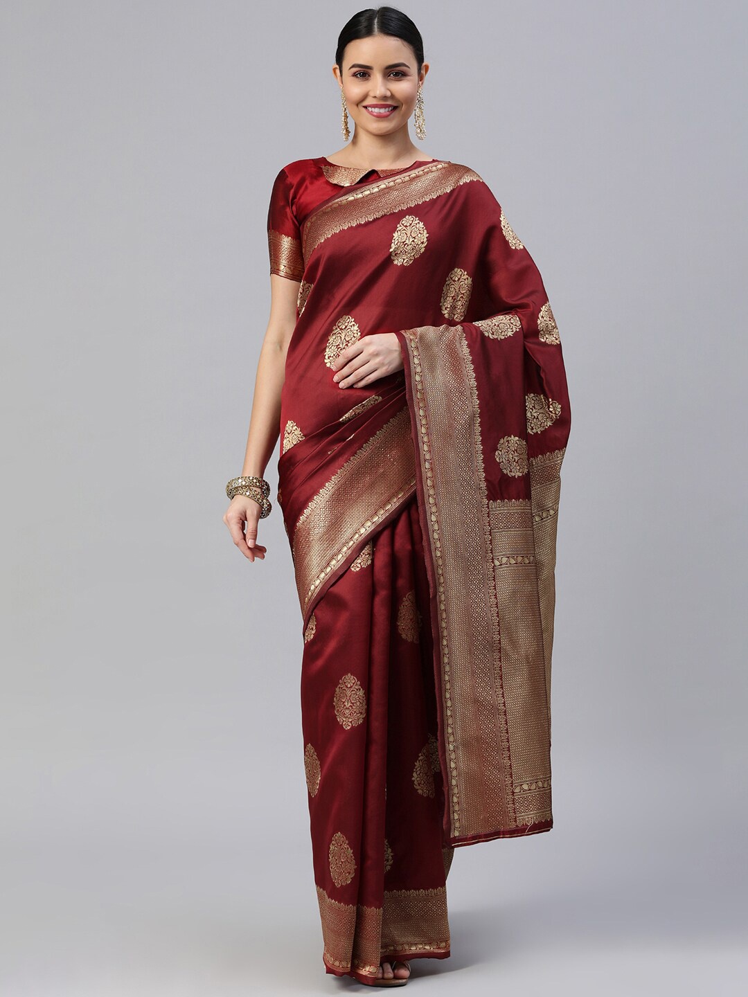

Satrani Maroon & Gold-Toned Ethnic Motifs Zari Banarasi Saree