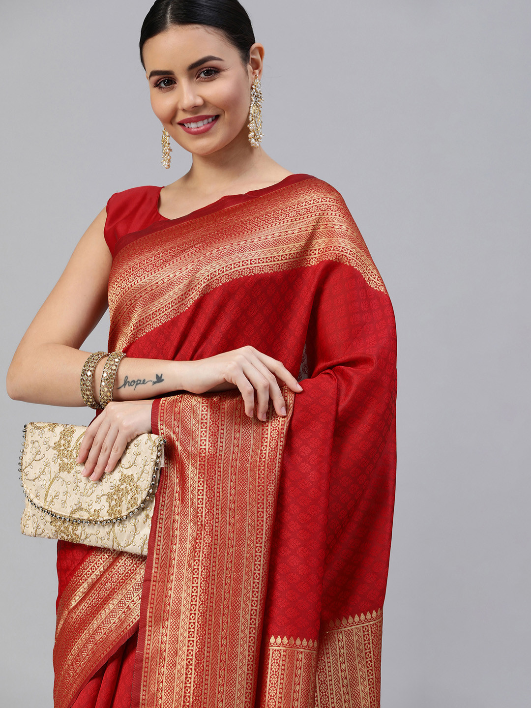 

Satrani Red & Gold-Toned Poly Silk Woven Design Saree