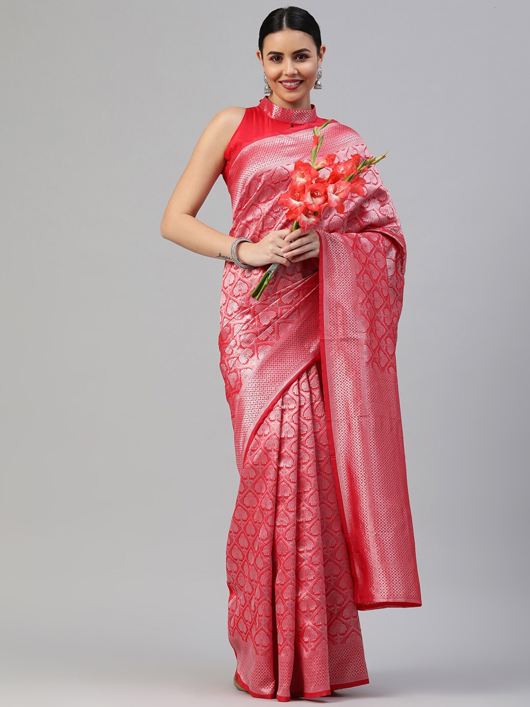 

Satrani Red & Silver Toned Woven Design Zari Banarasi Saree